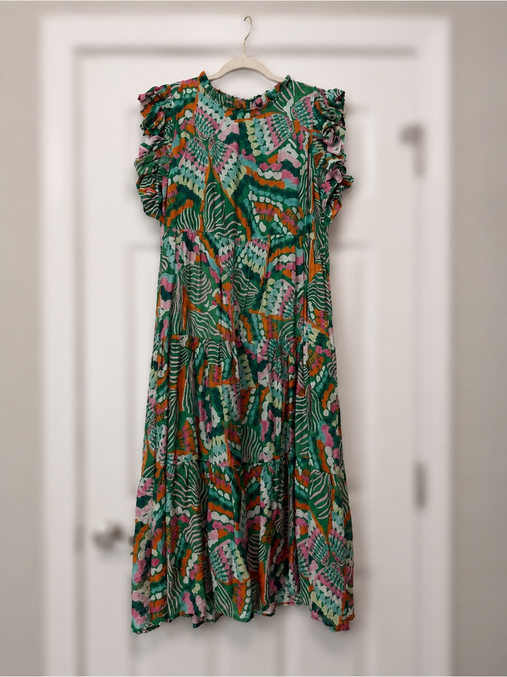 JODIFL Green Multicolor Ruffle-Sleeve Casual Dress